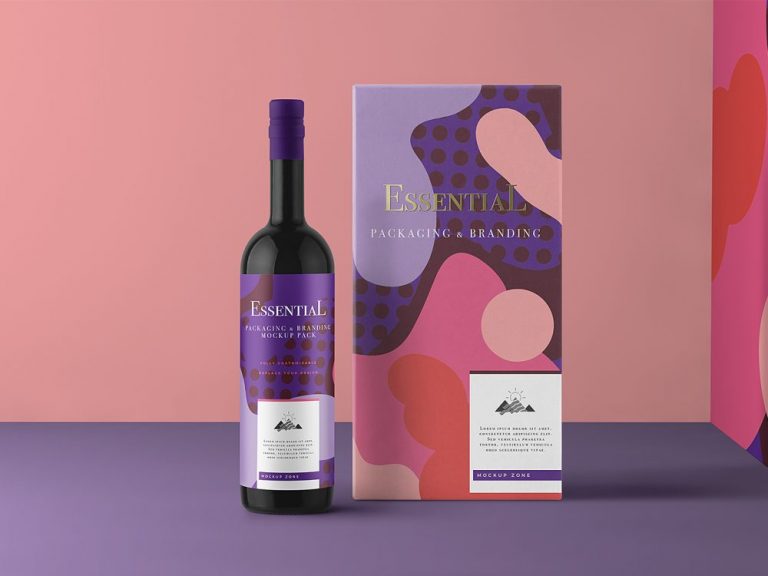 Wine Bottle with Lable and Wine Packaging Box Mockup