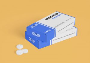 Free Medicine Tablet with Packaging Paper Box Mockup Set