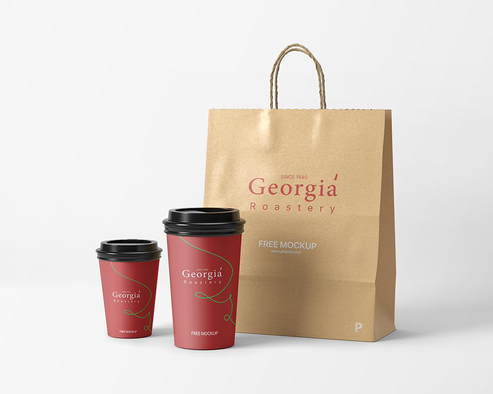 Free Coffee Cups and Kraft Bag Mockup