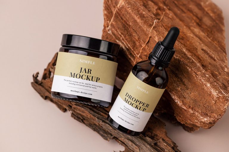 Free Amber Jar and Dropper Bottle Mockup PSD