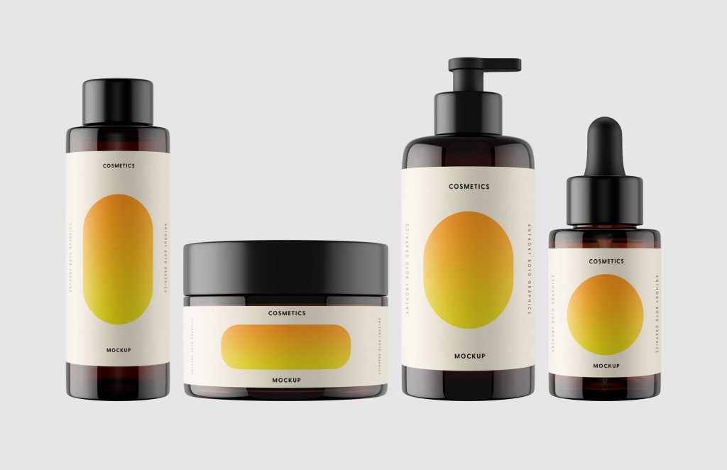 Pacagemockup Amber Glass Cosmetic Bottles and Jar Mockup set