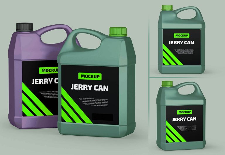 3 Free Car Engine Oil Jerry Can Mockups set Pacagemockup