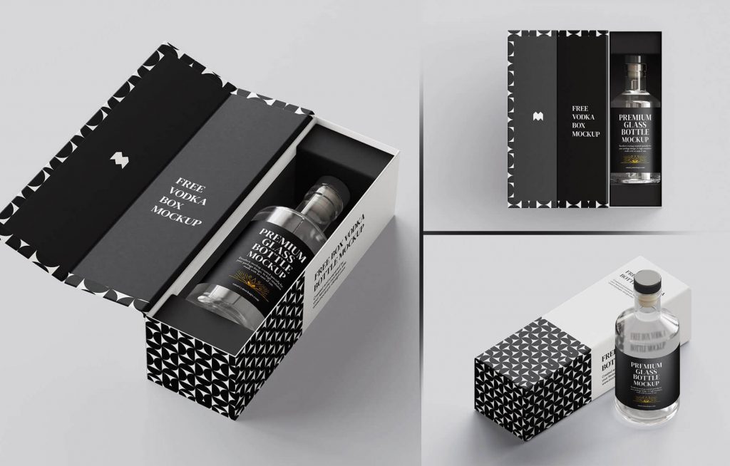 Free Vodka Bottle Branding and Packaging Box Mockup 5 set