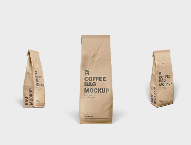 Free Kraft Paper Standing Coffee Bag Mockup PSD Set
