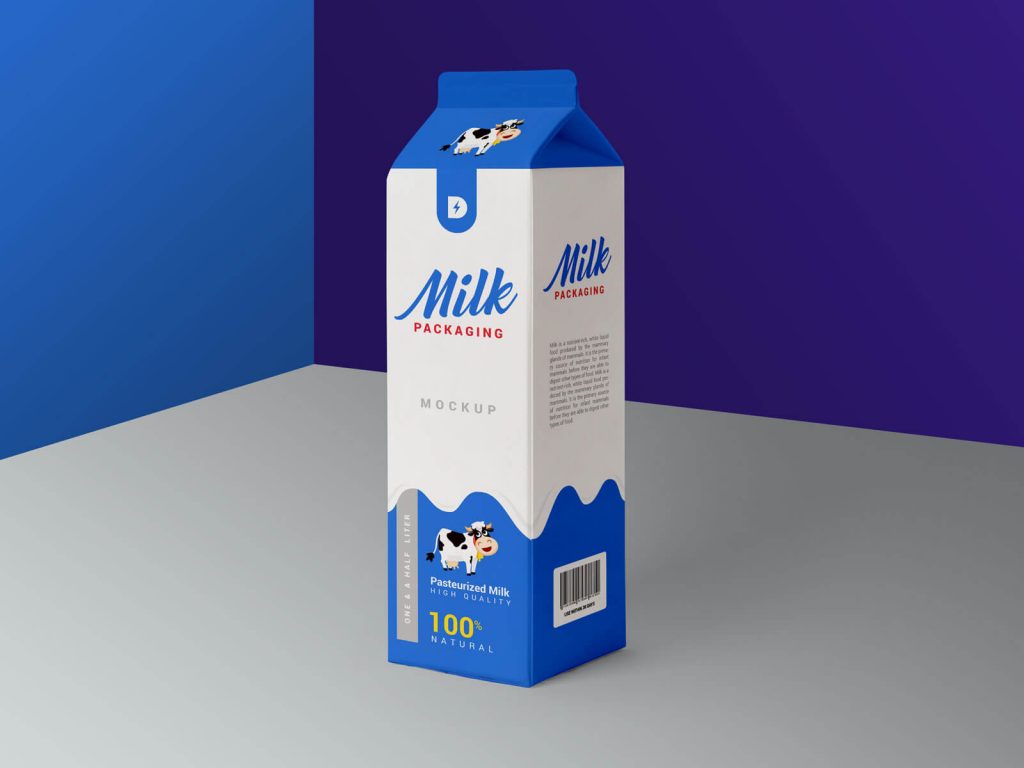 Mockup Showing a 3/4 View of a Milk Carton Box Packaging