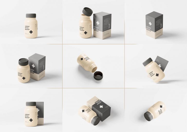 12 Free Pill Capsule Bottle Packaging Box Mockup PSD Files 1