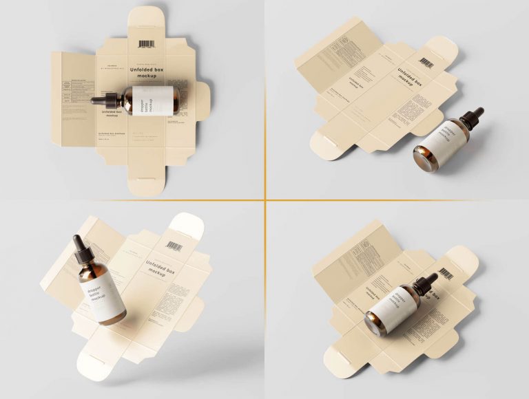 8 Free Amber Glass Dropper Bottle With Unfolded Box Mockup PSD Files