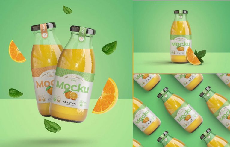 3 Free Premium Orange Juice Bottle Mockup PSD Files