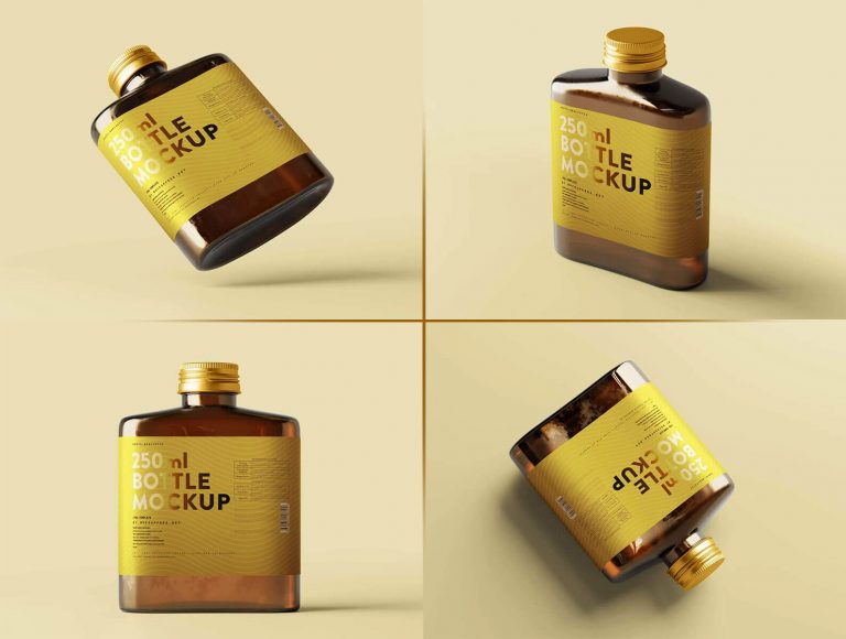5 Flat Liquor Bottle Mockups with Screw Cap in Varied Sights