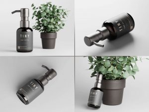 8 Free Small Amber Glass Pump Bottle Mockup PSD Set