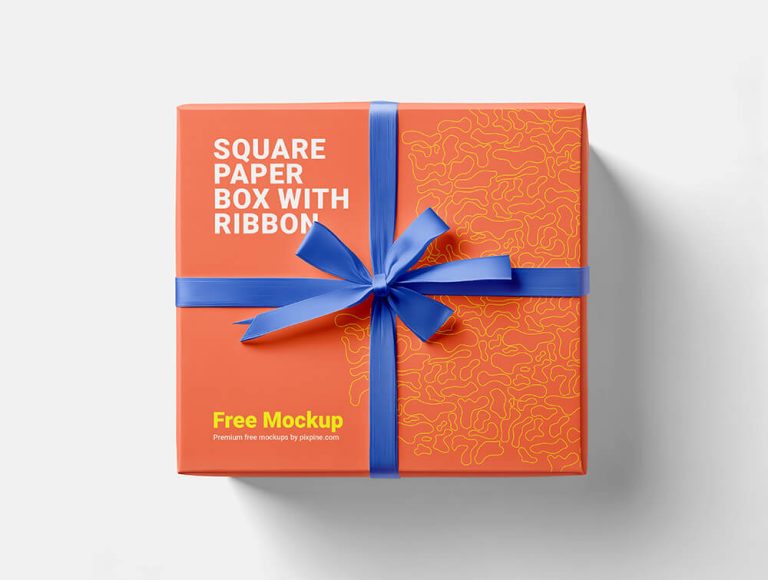Free Square Paper Box with Ribbon Mockup