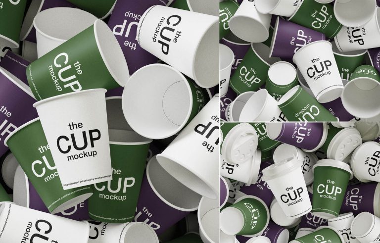 Free Scattered Paper Coffee Cup Mockup PSD Set
