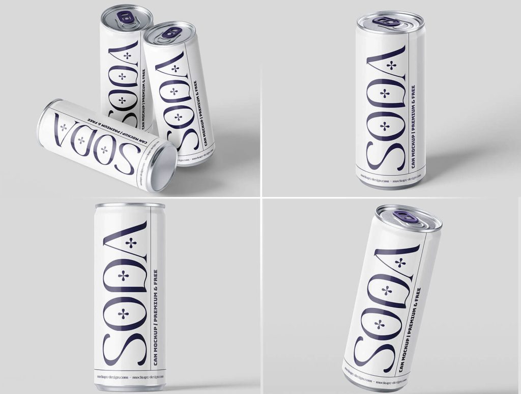 4 Free 250ml Soda Tin Beverage Can Mockup PSD Files