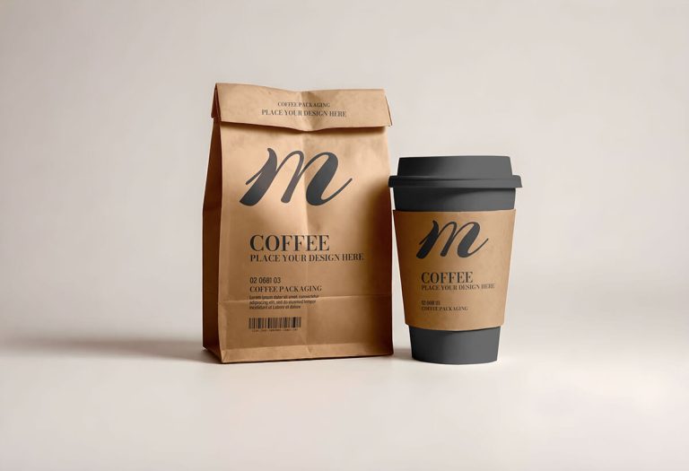 Free Coffee Kraft Paper Bag Pouch With Cup Mockup PSD