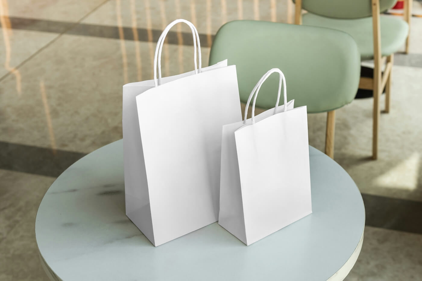 Free Two Plain Mockup White Paper Shopping Bag PSD Mockups Scene