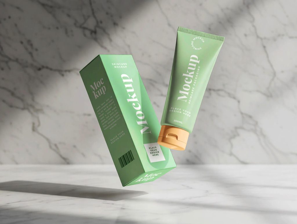 Free cosmetic tube mockup with packaging box floating scene for skincare branding presentation