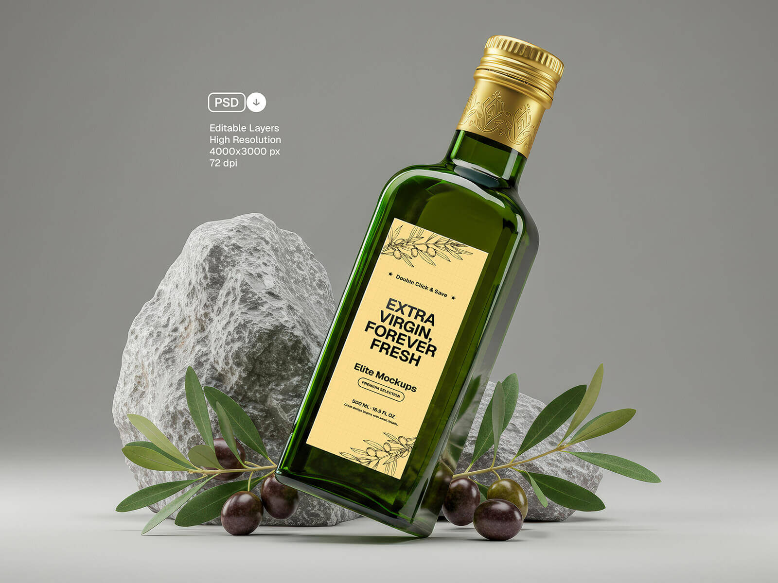 Free High Quality Olive Oil Bottle Mockup PSD for Packaging Branding