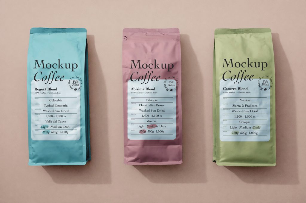 Free Top View Coffee Pouch Mockup Set PSD for Packaging Branding