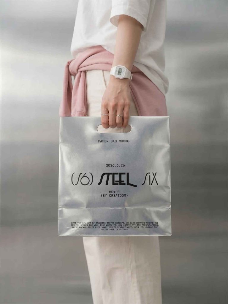 Metallic Paper Bag Mockup hand holding 2