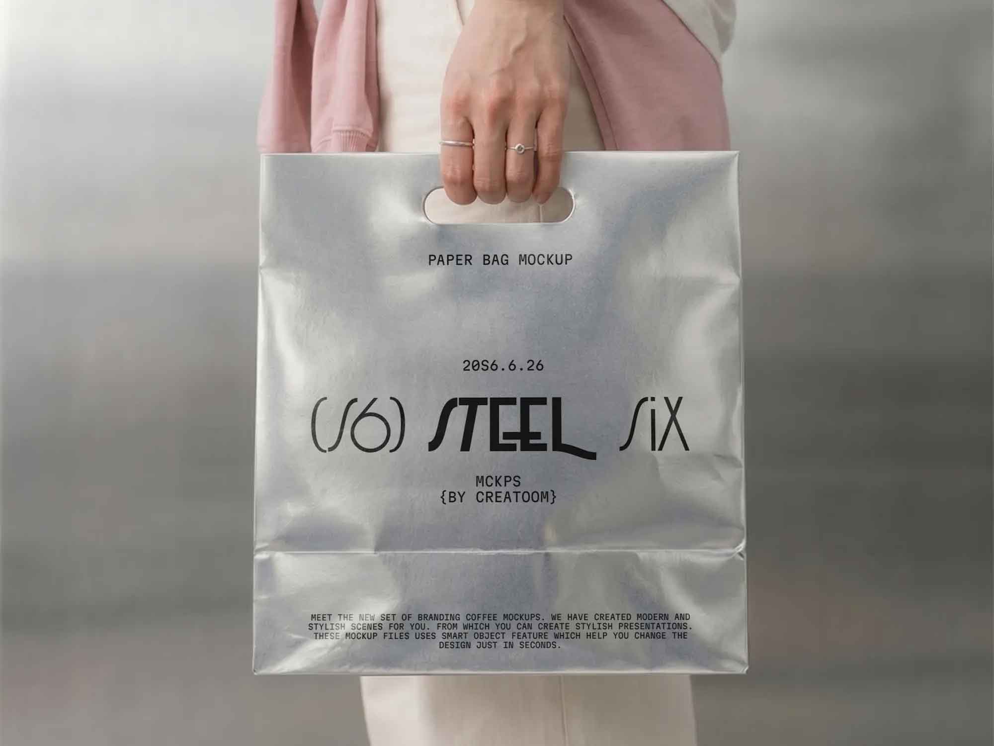 Free Metallic Paper Bag Mockup Hand Holding
