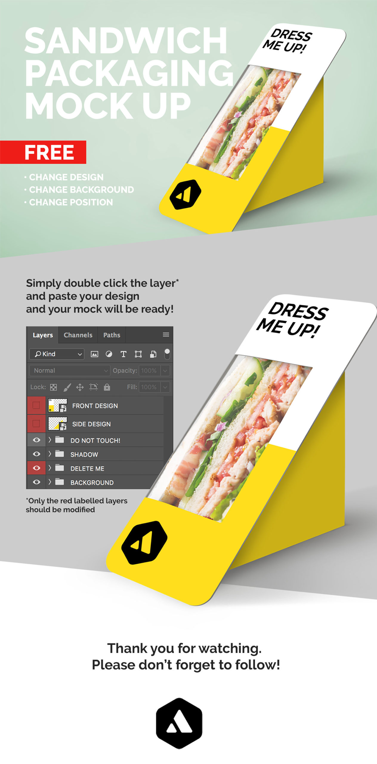 Triangular free packaging mockup made specifically for the sandwich