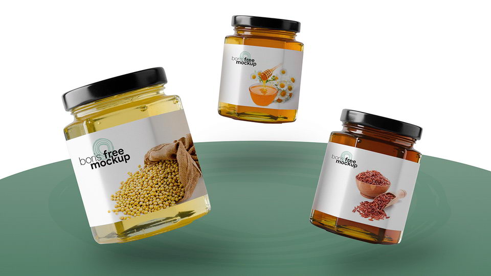 Floating three Glass Jar Package PSD Free Mockup