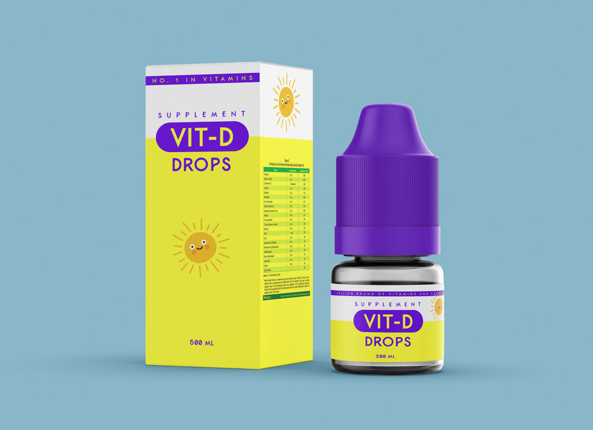 Free VitaminD Drops Bottle + Box Packaging Mockup Package Mockups