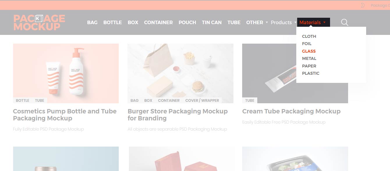 pacagemockup website features mockups sorted by materials