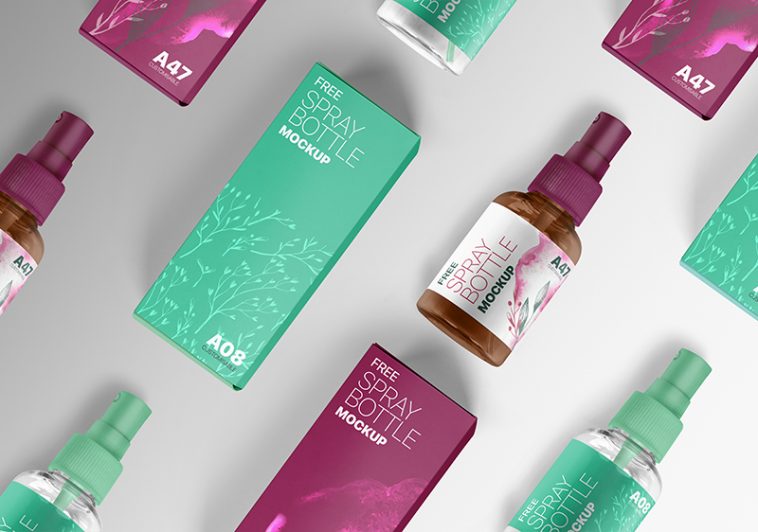 Download Free Mini Spray Bottle With Packaging Box Mockup Free Package Mockups