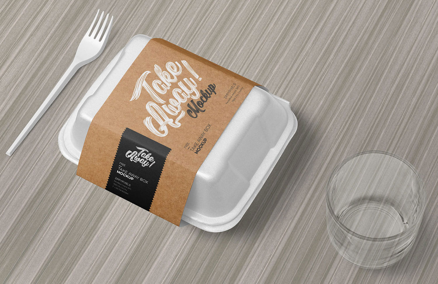 Plastic Food Packaging Mockup with fork and glass