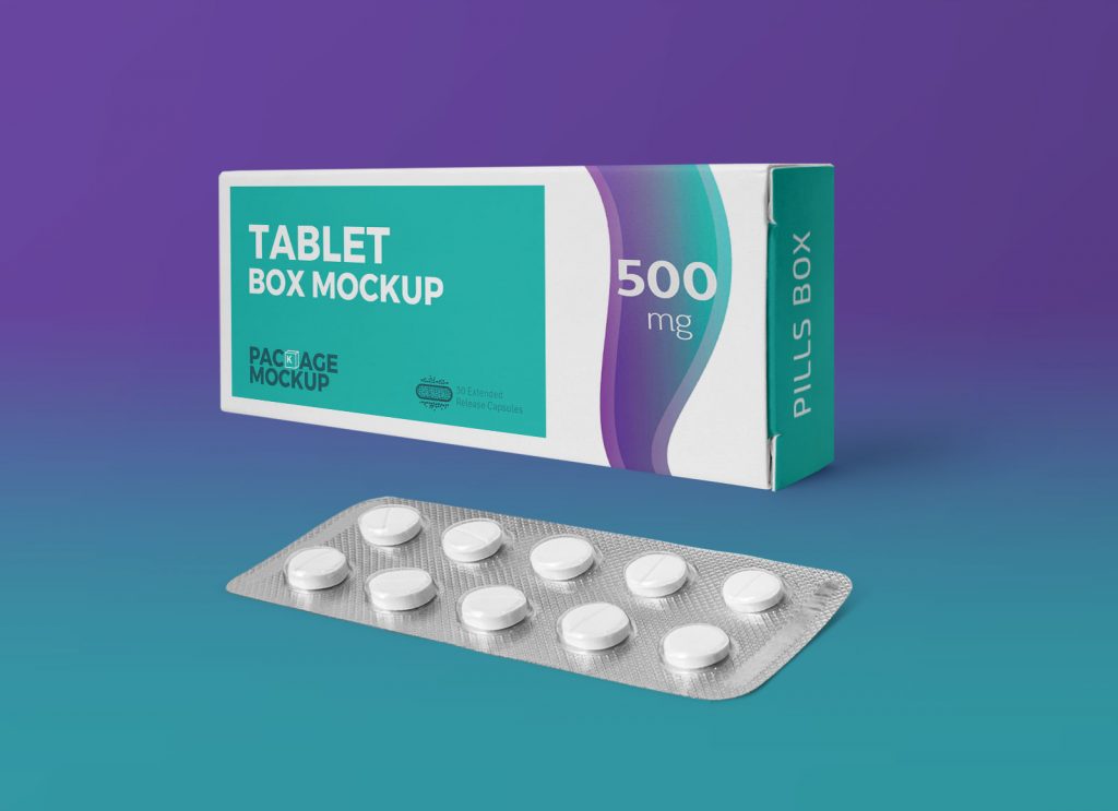 Pharmaceutical Tablets / Pills Blister Packaging and Box Mockup