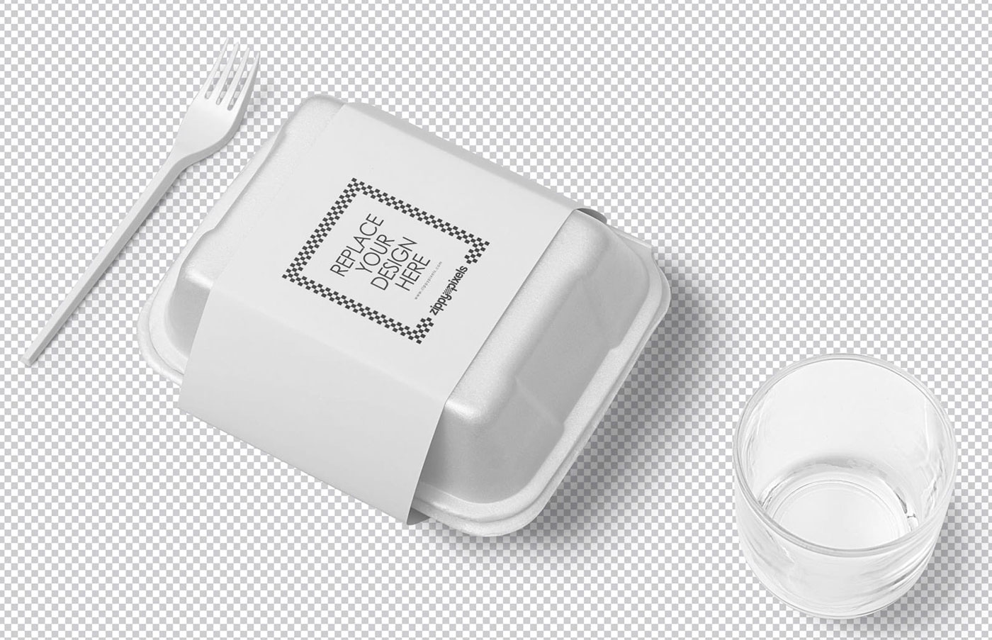 Plastic Food Packaging Mockup with fork and glass