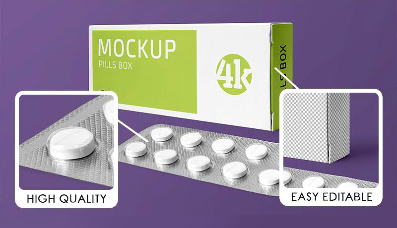 Pharmaceutical Tablets / Pills Blister Packaging and Box Mockup