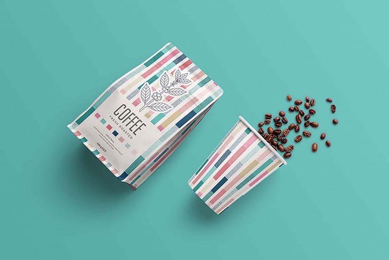 Paper Coffee Bag and Paper Coffee Cup Mockup