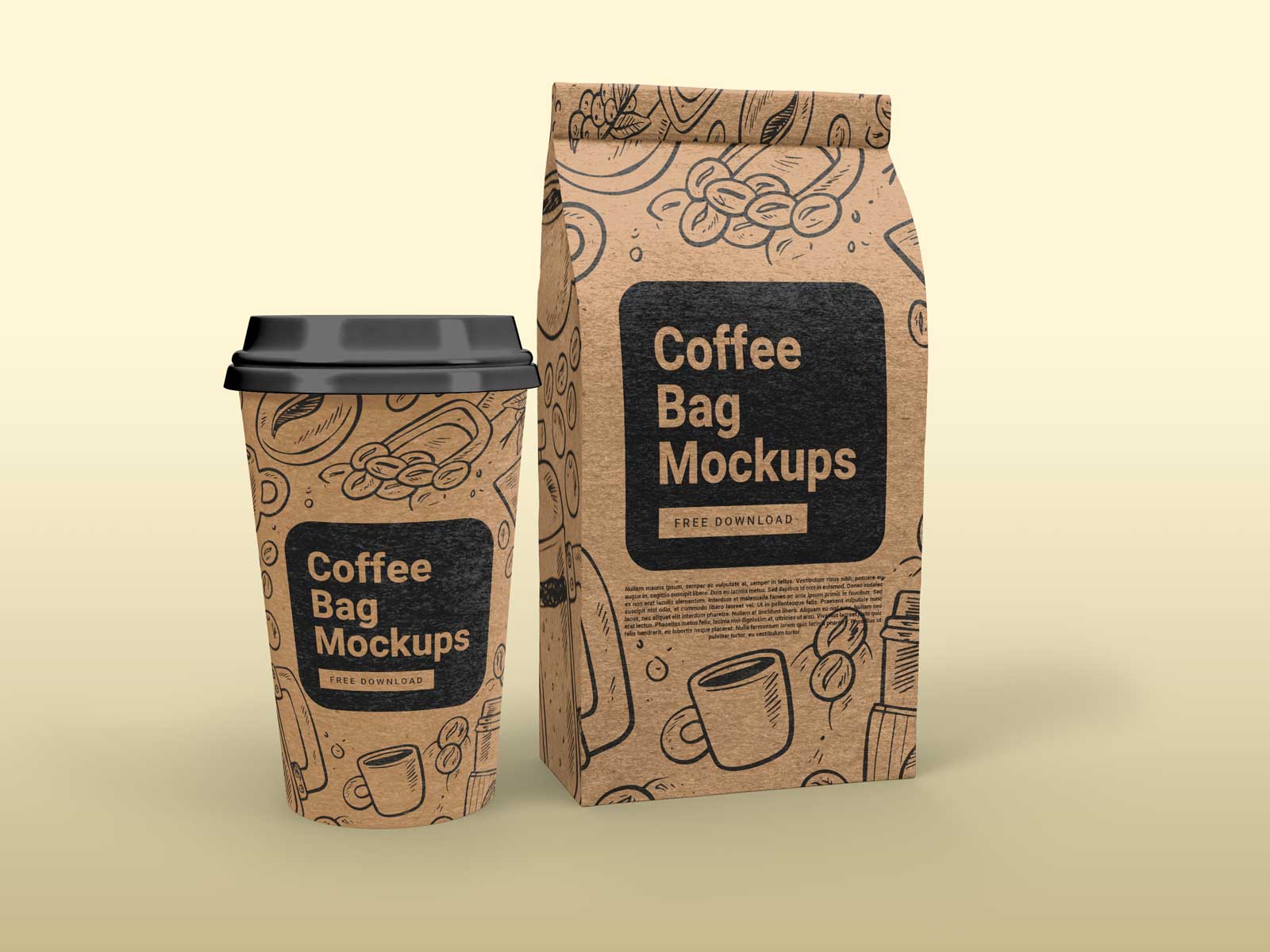 Download Free Kraft Paper Gusset Bag And Paper Cup Mockup Set Package Mockups