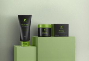 Cosmetic Tube and Cream Jar Mockup with Package Box