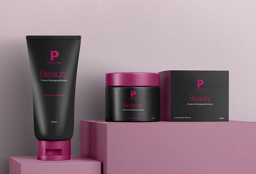 Cosmetic Tube and Cream Jar Mockup with Package Box