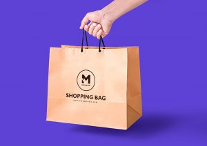 Free Handheld Brown Craft Paper Shopping Bag Mockup