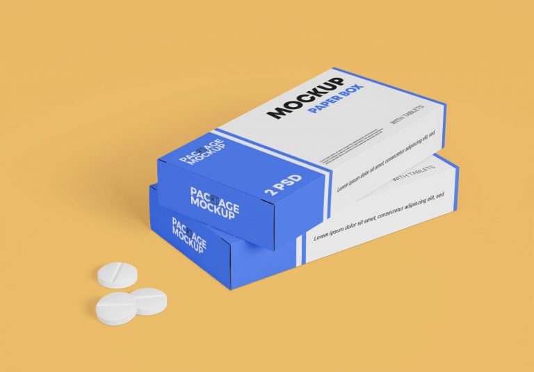 Free Medicine Tablet with Packaging Paper Box Mockup Set