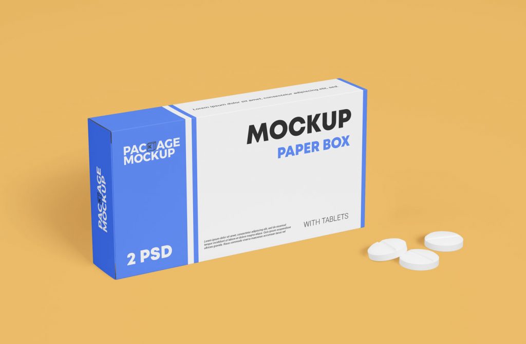 Free Medicine Tablet with Packaging Paper Box Mockup Set Free Package