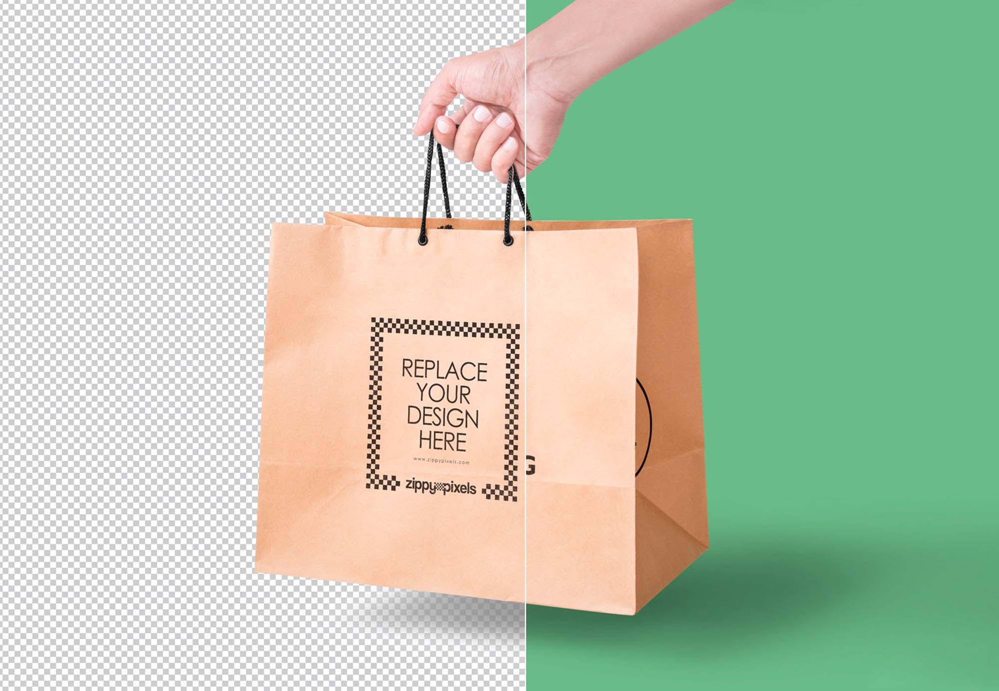 Free Handheld Brown Craft Paper Shopping Bag Mockup