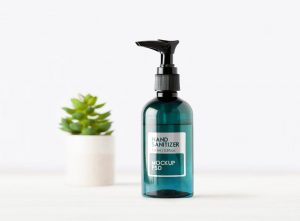 Free Sanitizer Glass Pump Bottle Dispenser Mockup
