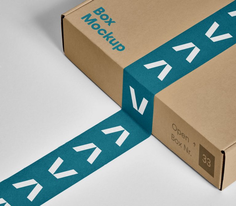 Free Mailing Box Mockup with Sticker Label Mockup