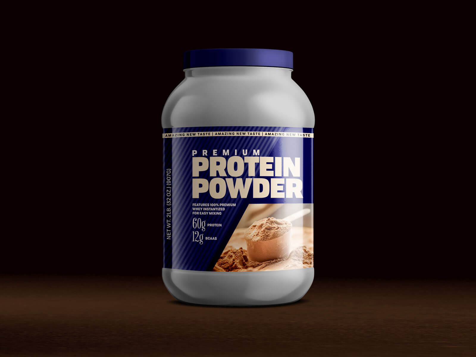 Realistic protein powder container mockup - white plastic jar