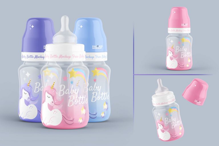 3 Free Baby Milk Feeder Bottle Mockup PSD Set