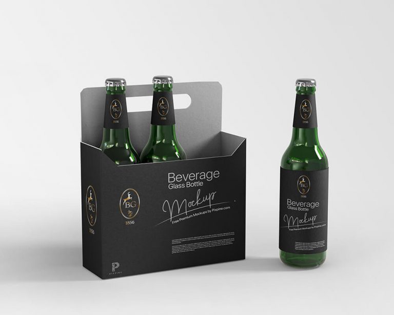 Free Beverage Glass Bottle Mockup with Box Mockup