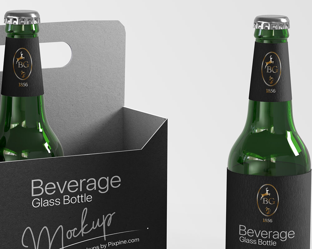 Free Beverage Glass Bottle Mockup with Box Mockup