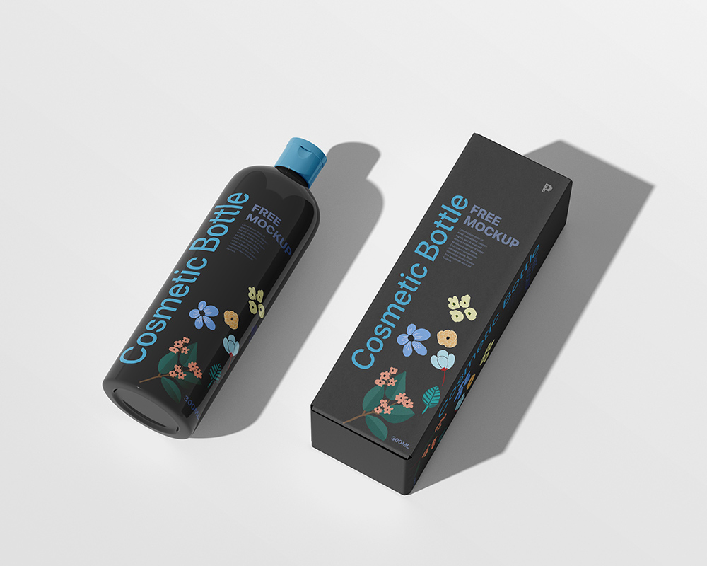 Free Cosmetic Bottle with Box Mockup