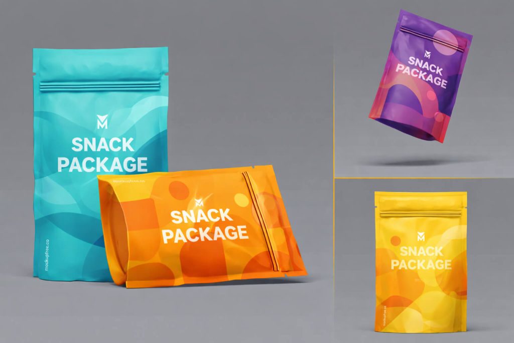 free standing pouch pet food packaging mockup set 3 angles PSD