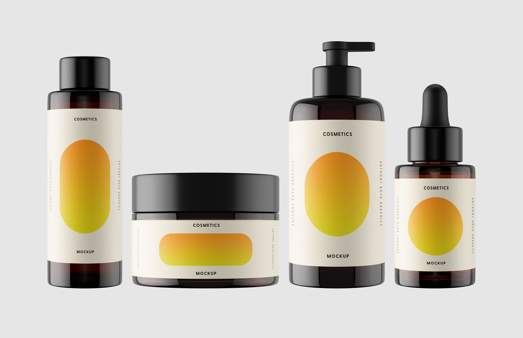 Pacagemockup Amber Glass Cosmetic Bottles and Jar Mockup set